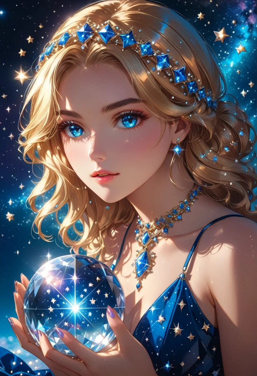 a extreme close up facial picture of an astrologist who divine the future from the stars, an extraordinary beautiful woman, divining the future from the stars, there is magic in her eyes, the ((her eyes are deep blue filled with stars: 1.5)) ladyshadow, blond hair color, dynamic hair style, wearing an intricate dress, necklace made from diamonds in the shape of stars, she sits near a table, seeing the future in the stars, (holding a crystal ball filled with stars: 1.2) ladyshadow,  , dynamic clothing, dynamic background, vibrant, Ultra-high resolution, High Contrast, (masterpiece:1.5), highest quality, Best aesthetics), best details, best quality, highres, 16k, [ultra detailed], masterpiece, best quality, (extremely detailed), Shiny..., ladyshadow, diam0nd, magical sky