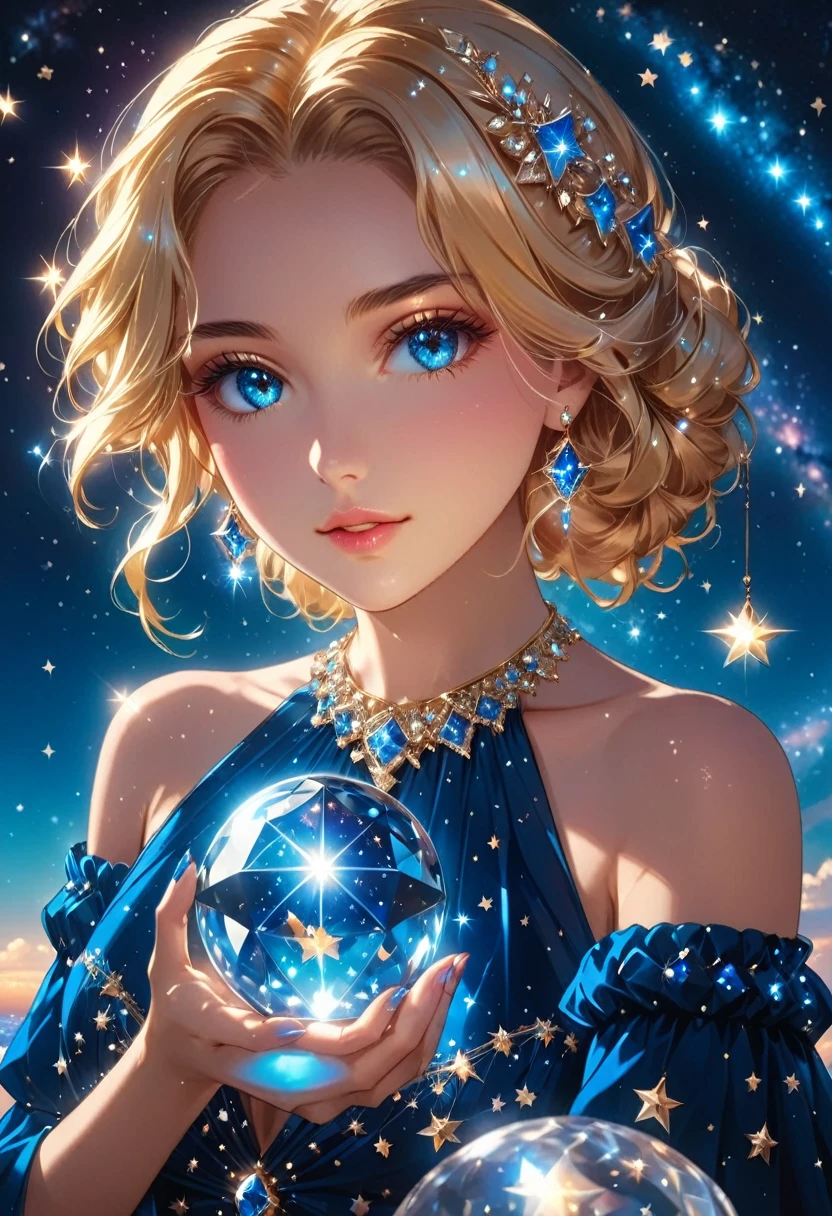 a extreme close up facial picture of an astrologist who divine the future from the stars, an extraordinary beautiful woman, divining the future from the stars, there is magic in her eyes, the ((her eyes are deep blue filled with stars: 1.5)) ladyshadow, blond hair color, dynamic hair style, wearing an intricate dress, necklace made from diamonds in the shape of stars, she sits near a table, seeing the future in the stars, (holding a crystal ball filled with stars: 1.2) ladyshadow,  , dynamic clothing, dynamic background, vibrant, Ultra-high resolution, High Contrast, (masterpiece:1.5), highest quality, Best aesthetics), best details, best quality, highres, 16k, [ultra detailed], masterpiece, best quality, (extremely detailed), Shiny..., ladyshadow, diam0nd, magical sky