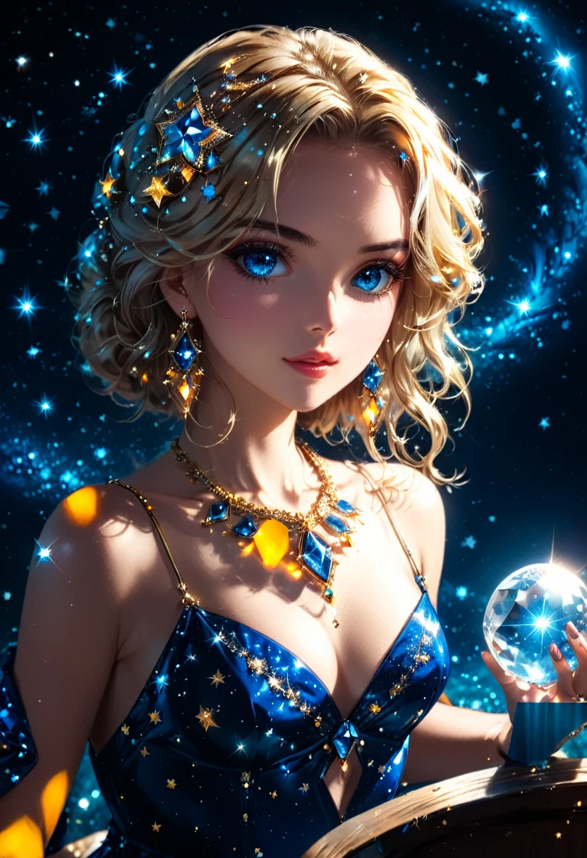 a extreme close up facial picture of an astrologist who divine the future from the stars, an extraordinary beautiful woman, divining the future from the stars, there is magic in her eyes, the ((her eyes are deep blue filled with stars: 1.5)) ladyshadow, blond hair color, dynamic hair style, wearing an intricate dress, necklace made from diamonds in the shape of stars, she sits near a table, seeing the future in the stars, (holding a crystal ball filled with stars: 1.2) ladyshadow,  , dynamic clothing, dynamic background, vibrant, Ultra-high resolution, High Contrast, (masterpiece:1.5), highest quality, Best aesthetics), best details, best quality, highres, 16k, [ultra detailed], masterpiece, best quality, (extremely detailed), Shiny..., ladyshadow, diam0nd, magical sky