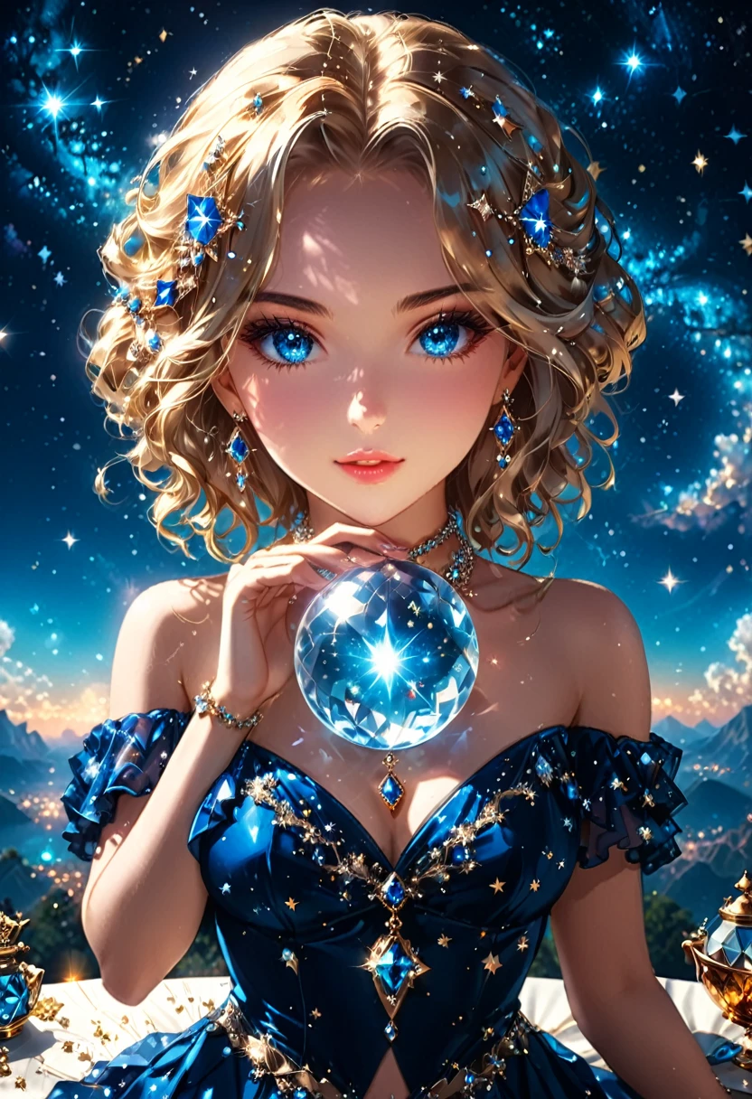 a extreme close up facial picture of an astrologist who divine the future from the stars, an extraordinary beautiful woman, divining the future from the stars, there is magic in her eyes, the ((her eyes are deep blue filled with stars: 1.5)) ladyshadow, blond hair color, dynamic hair style, wearing an intricate dress, necklace made from diamonds in the shape of stars, she sits near a table, seeing the future in the stars, (holding a crystal ball filled with stars: 1.2) ladyshadow,  , dynamic clothing, dynamic background, vibrant, Ultra-high resolution, High Contrast, (masterpiece:1.5), highest quality, Best aesthetics), best details, best quality, highres, 16k, [ultra detailed], masterpiece, best quality, (extremely detailed), Shiny..., ladyshadow, diam0nd, magical sky