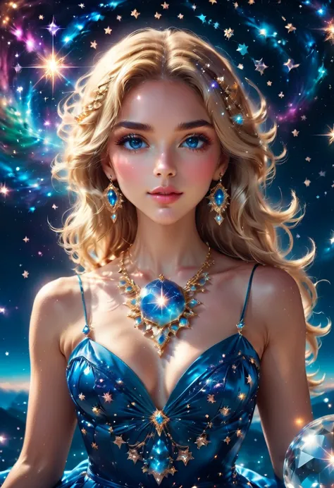 a extreme close up facial picture of an astrologist who divine the future from the stars, an extraordinary beautiful woman, divi...