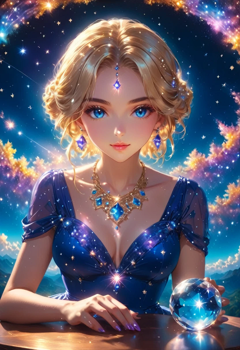 a extreme close up facial picture of an astrologist who divine the future from the stars, an extraordinary beautiful woman, divining the future from the stars, there is magic in her eyes, the ((her eyes are deep blue filled with stars: 1.5)) ladyshadow, blond hair color, dynamic hair style, wearing an intricate lavender dress, necklace made from diamonds in the shape of stars, she sits near a table, seeing the future in the stars, (holding a crystal ball filled with stars: 1.2) ladyshadow, dynamic background, vibrant, Ultra-high resolution, High Contrast, (masterpiece:1.5), highest quality, Best aesthetics), best details, best quality, highres, 16k, [ultra detailed], masterpiece, best quality, (extremely detailed), Shiny..., ladyshadow, diam0nd, magical sky