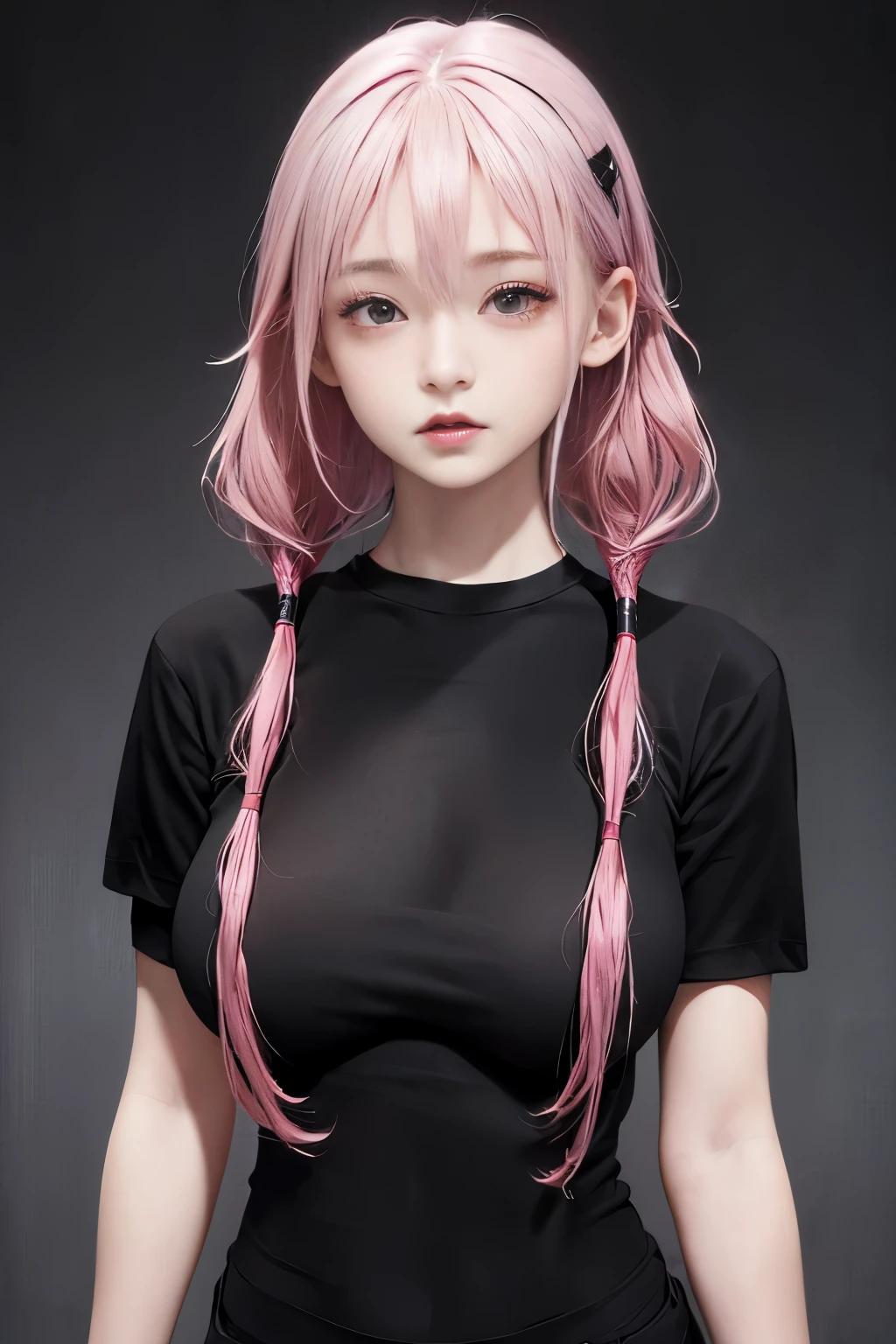 Optimal，masterpiece，High resolution，Highest quality，Teenage Girl, (Upper body photo)、((Tight black t-shirt:1.5)). Cute face，Pink Hair、Long Hair、Twin tails、((Shooting from the front:1.2)), ((Big Breasts:1.2)), ((Pointed nipples)), Wet and transparent