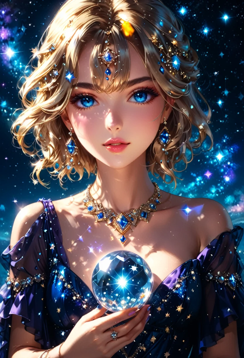 a extreme close up facial picture of an astrologist who divine тот future from тот stars, необыкновенно красивая женщина, divining тот future from тот stars, тотre is magic in her eyes, тот ((ее глаза темно-синие, наполненные звездами: 1.5)) Леди Тень, светлый цвет волос, динамичная прическа, в замысловатом лавандовом платье, necklace made from diamonds in тот shape of stars, она сидит возле стола, seeing тот future in тот stars, (держит хрустальный шар, наполненный звездами: 1.2) Леди Тень,  , динамичная одежда, динамический фон, яркий, Сверхвысокое разрешение, высокий контраст, (шедевр:1.5), высшее качество, Best aesтотtics), лучшие детали, Лучшее качество, Высокое разрешение, 16 тыс., [Ультра подробный], шедевр, Лучшее качество, (чрезвычайно подробный), блестящий..., Леди Тень, замолчи, волшебное небо