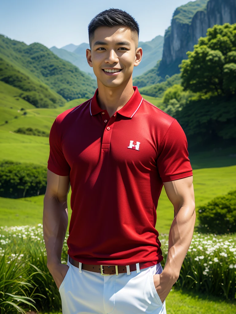 (Create a masterpiece: 1.2),(CGI art:1.3),(realistic:1.5),(After processing:1.3),(Sharp focus:1.3),10,1 man, smile, (Wear a crimson polo shirt.), Navy cargo pants, Korean guy , korean men, (High gloss details), chest muscles, large arm muscles, blood vessel, Big muscles, Broad shoulders, looking at the audience, Balancing the eyes, rice field