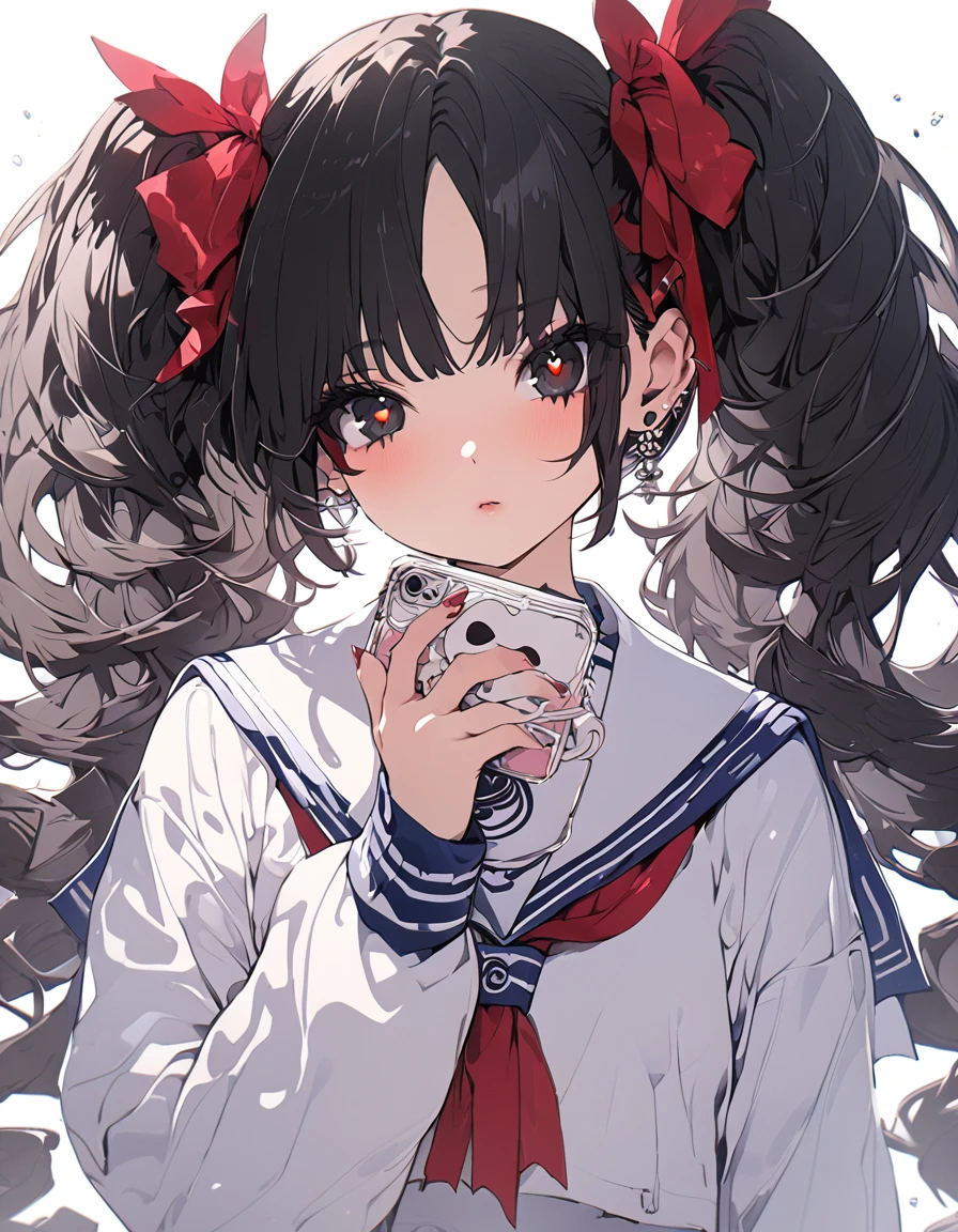 Super detailed,(Highest quality),((masterpiece)),(High resolution),original,Highly detailed 8k wallpaper,(Very delicate and beautiful),Highest_hand,anime,Black Hair,Twin tails,black eye,Sailor suit,Wearing a little makeup,cute,Upper body only,Beautiful pupils,White background