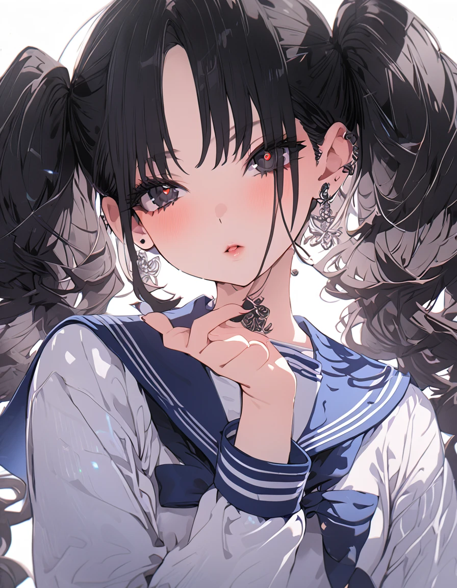 Super detailed,(Highest quality),((masterpiece)),(High resolution),original,Highly detailed 8k wallpaper,(Very delicate and beautiful),Highest_hand,anime,Black Hair,Twin tails,black eye,Sailor suit,Wearing a little makeup,cute,Upper body only,Beautiful pupils,White background