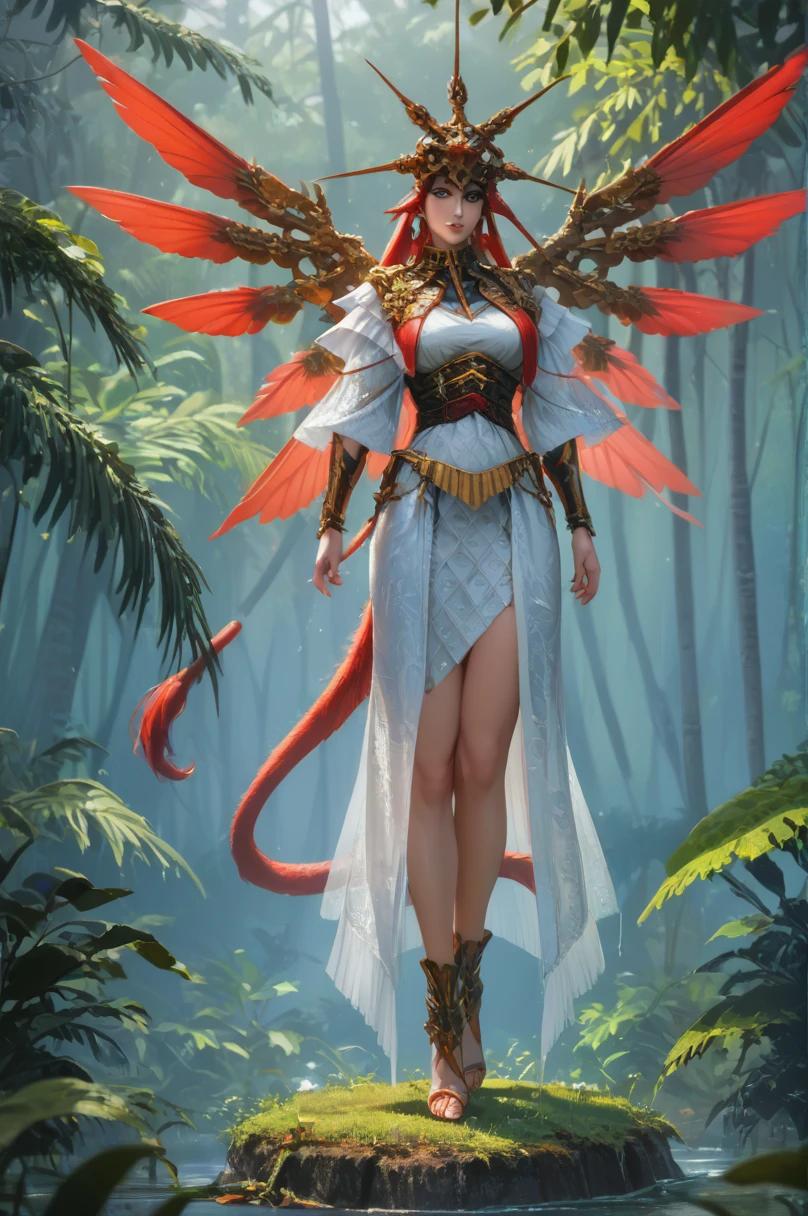 Cute appearance, sexy figure, standing in the tropical rain forest, big breasts and long legs, wearing high-tech golden armor, holding two samurai swords, with Gundam big wings behind her and a long red tail, full body portrait