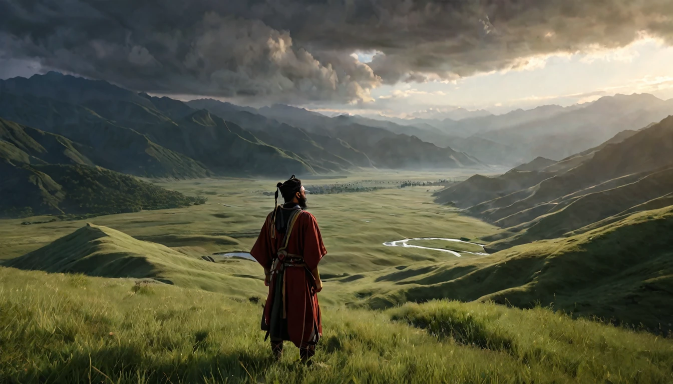 man, with black beard, dressed in tunics of an ancient ethnic group from Jeruzalen, looking at a beautiful valley, while the wind moves the grasslands, dawn sky, mountains in the distance, ethereal atmosphere, cinematic lighting, photorealistic, ( best quality, 8k, high resolution, masterpiece: 1.2), ultra detailed, realistic, photorealistic: 1.37, spectacular lighting, moody, fantasy, concept art