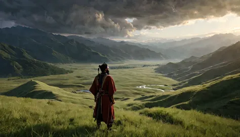 man, with black beard, dressed in tunics of an ancient ethnic group from Jeruzalen, looking at a beautiful valley, while the win...