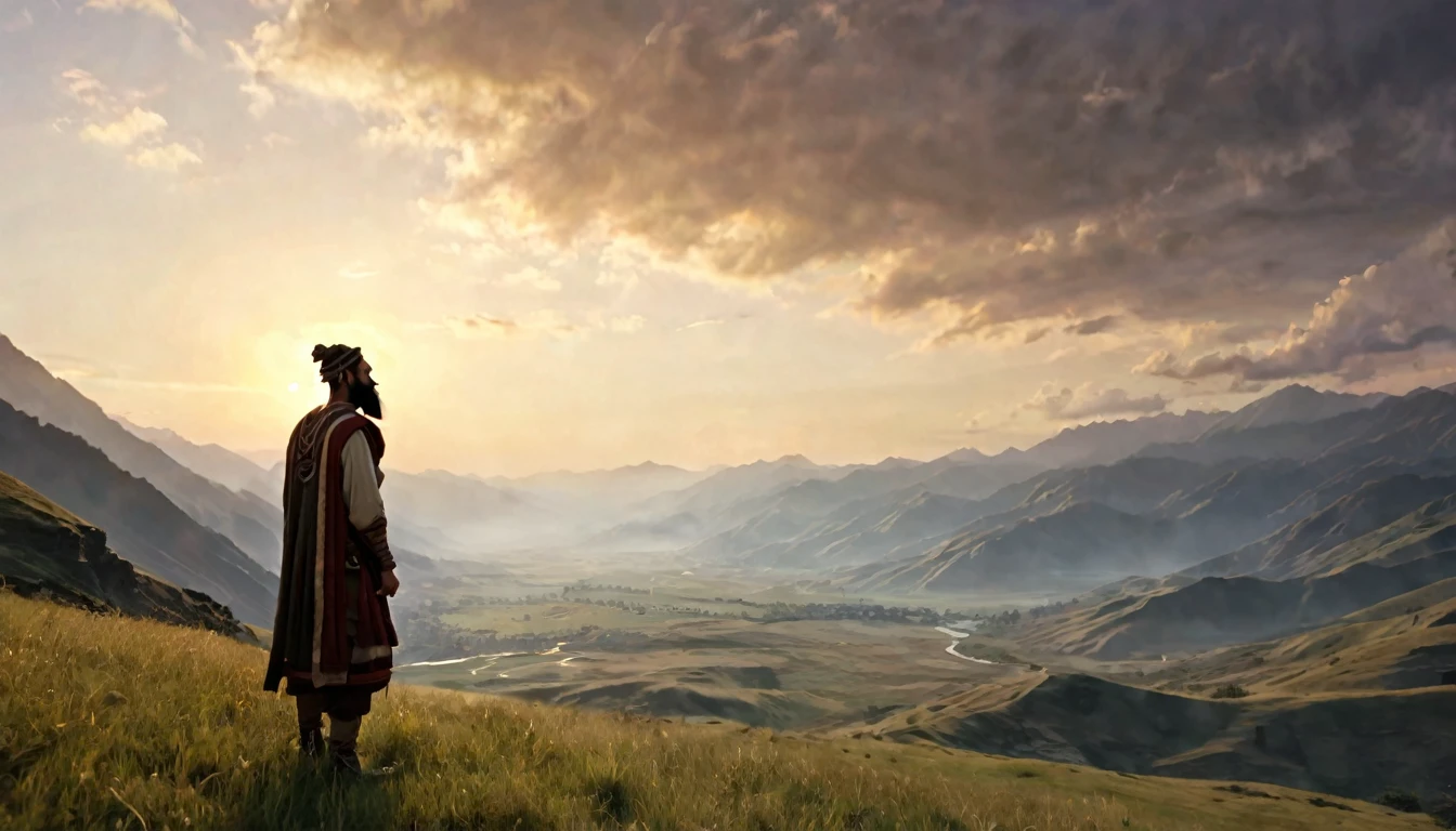 homme, avec barbe noire, vêtus de tuniques d&#39;un ancien groupe ethnique de Jérusalem, regardant une belle vallée, tandis que le vent déplace les prairies, ciel de l&#39;aube, montagnes au loin, ambiance éthérée, Éclairage cinématographique, photoRéaliste, ( Meilleure qualité, 8k, haute résolution, chef-d&#39;œuvre: 1.2), ultra détaillé, Réaliste, photoRéaliste: 1.37, Un éclairage spectaculaire, lunatique, fantaisie, art conceptuel