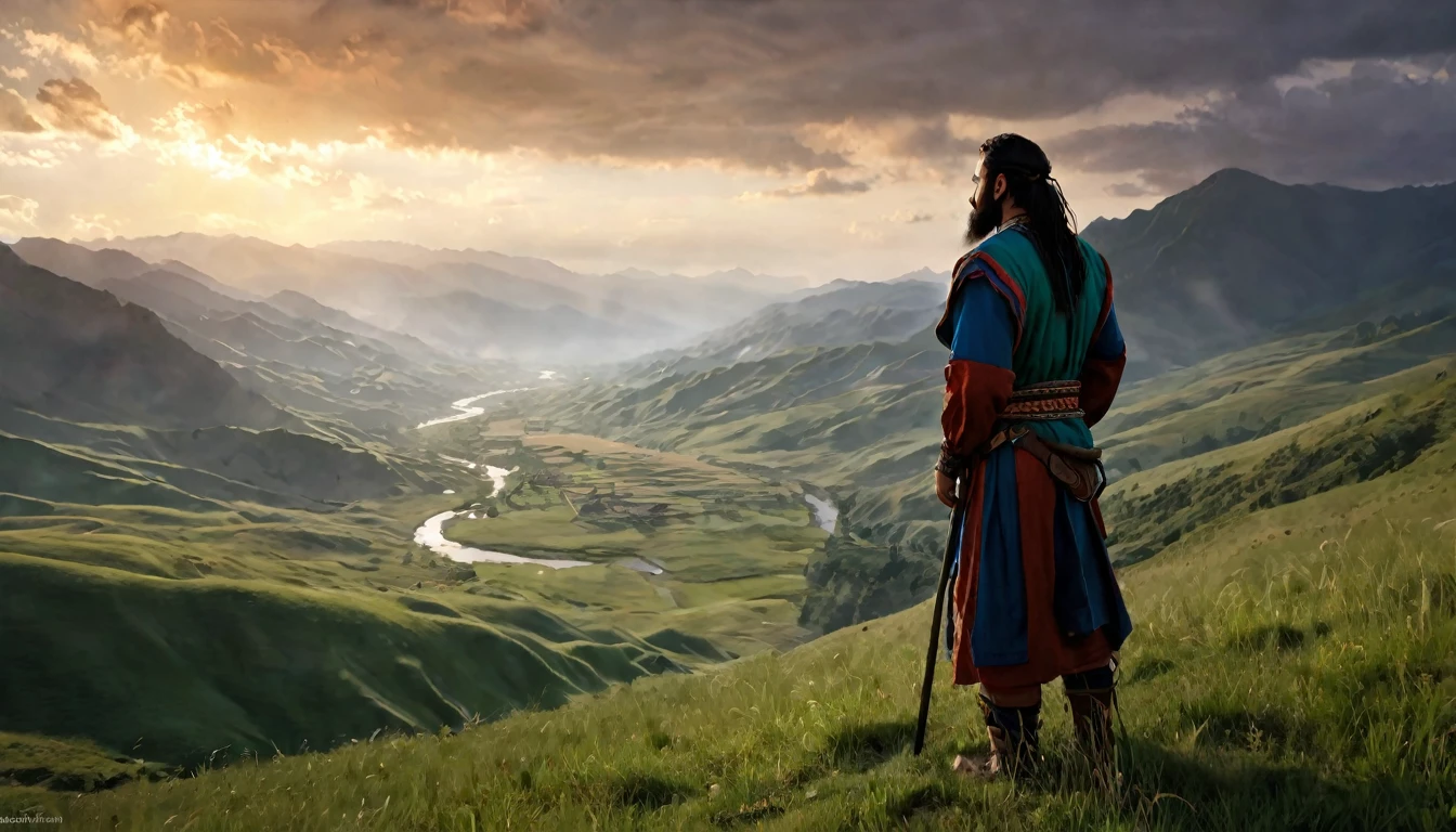 hombre, con barba negra, vestidos con túnicas de un antiguo grupo étnico de Jerusalén, contemplando un hermoso valle, mientras el viento mueve las praderas, cielo del amanecer, montañas en la distancia, atmósfera etérea, iluminación cinematográfica, photoRealista, ( mejor calidad, 8K, Alta resolución, obra maestra: 1.2), ultra detallado, Realista, photoRealista: 1.37, iluminación espectacular, malhumorado, fantasía, Arte conceptual