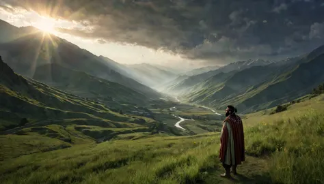 man, with black beard, dressed in tunics of an ancient ethnic group from Jeruzalen, looking at a beautiful valley, while the win...