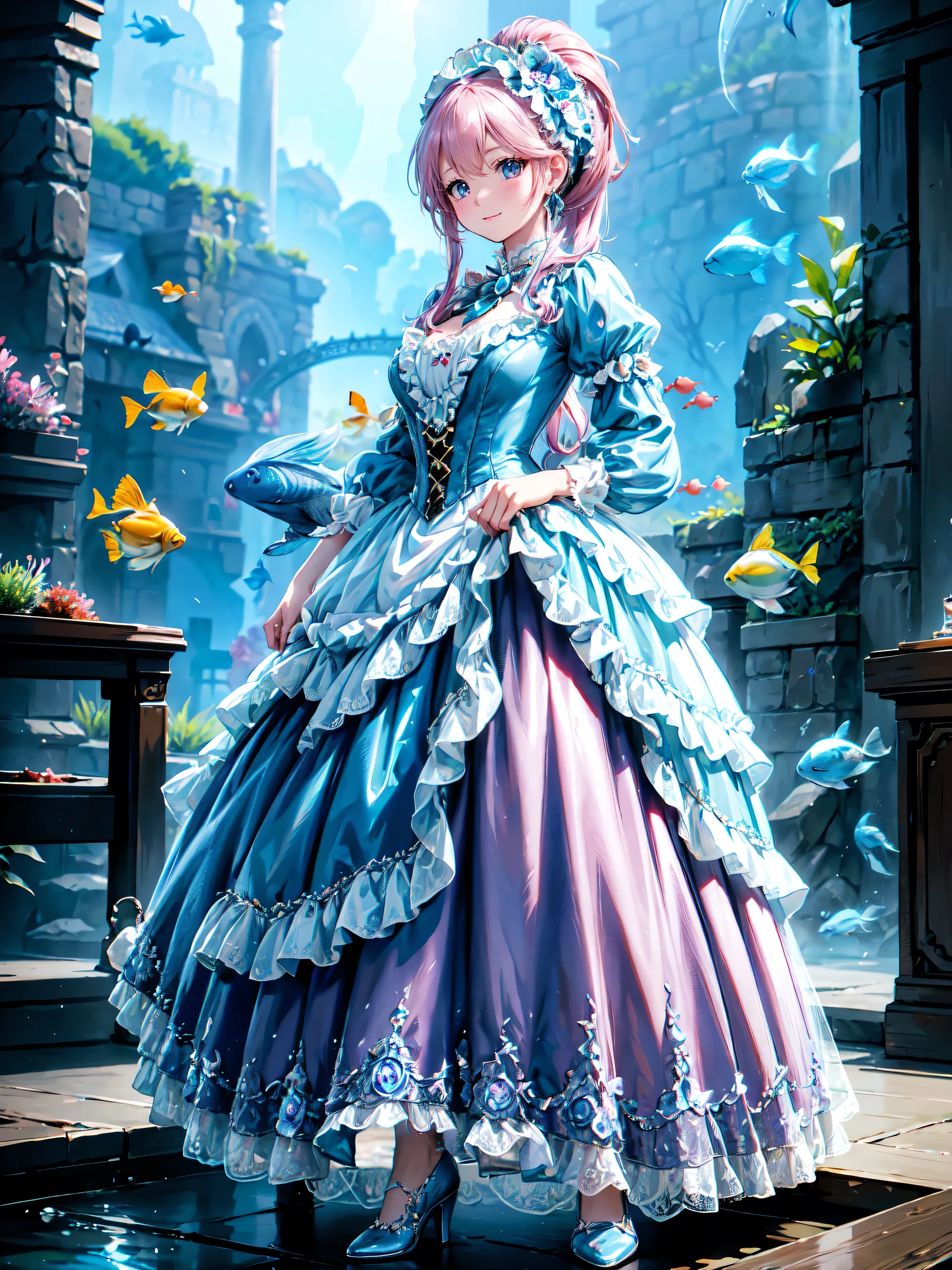 (((dress turquoise dress))), (((Unsurpassed gorgeous rococo victorian gown with voluminous hoopskirt and long hems, princess style skirt))), (gown brilliances dazzlingly glitter reflective prismatic transparency gown:1.2), (gown ultra elaborate gown:1.5), ((huge breasts)), ((hair pink hair)), ((ponytail fluffy long ponytail)), (Expressive hair), very voluminous and very long hair, bangs, super delicate and beautiful face, beautiful lips, (hyper detail delicate beautiful eyes blue eyes), breasts cleavage, hair ornament silver ornament, beautiful smile, (((young face, solo Captivating Adorable princess, teen girl, cute girl, very cute girl))), (anime moe art style1.3), (((Masterpiece, Super detail, top quality, ultra high res, Spectacular Quality, Distinguished Quality, ultra detailed, ultra high res, unity 16k, 32k, ultra photo realistic))), (dutch angle, face focus, eye focus, realistic, blurry background:1.3), (in aquarium:1.5), (mattepaint, 8k mattepainting, 2D mattepainting, 3Dmattepainting, mattepaint rendering:1.3), 