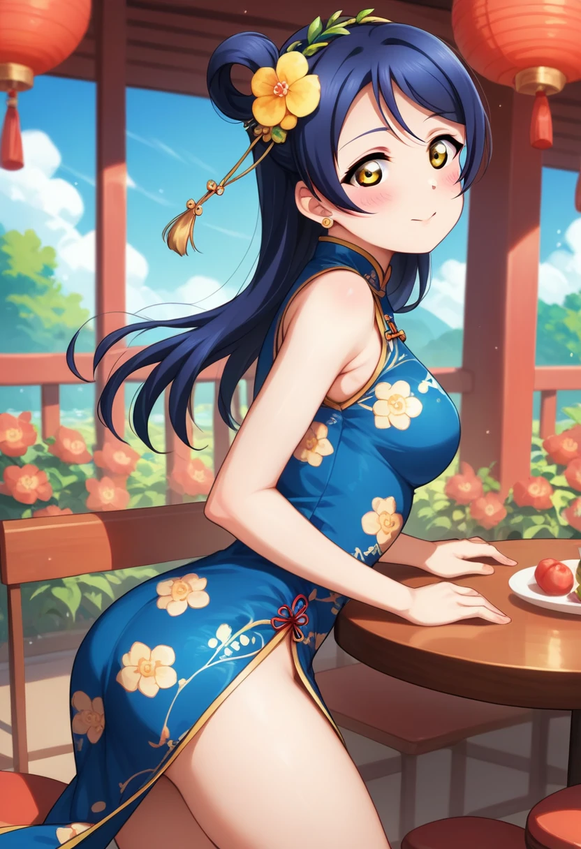 Masterpiece, best quality,Solo, cowboy shot,Sonoda umi love live, Chinese dress, flowers printed, day,golden eyes,(blushing:1.2),high side slit , thighs , restaurant , from side , leaning over table 