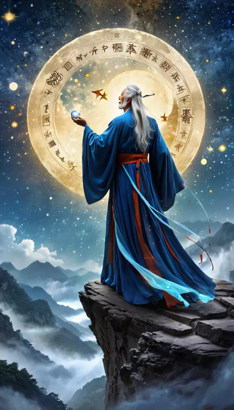 chinese mythology，oriental fortune teller，daofeng fairy bone，master，the old man stands on the cliff and looks up at the starry s...