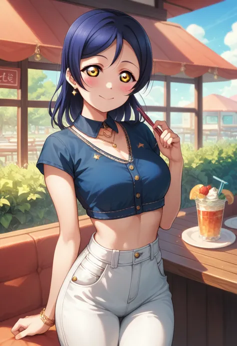 masterpiece, best quality,solo, cowboy shot,sonoda umi love live, crop top,high waist pants, day,golden eyes,(blushing:1.2),rest...