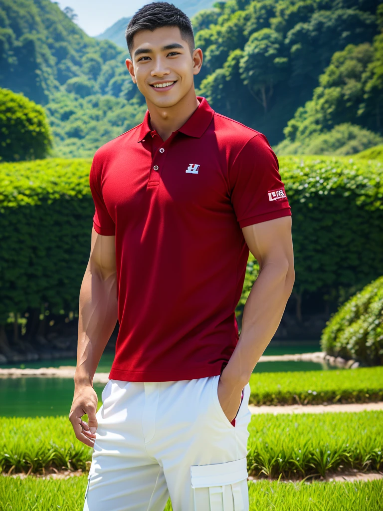 (Create a masterpiece: 1.2),(CGI art:1.3),(realistic:1.5),(After processing:1.3),(Sharp focus:1.3),10,1 man, smile, (Wear a crimson polo shirt.), Navy cargo pants, Korean guy , korean men, (High gloss details), chest muscles, large arm muscles, blood vessel, Big muscles, Broad shoulders, looking at the audience, Balancing the eyes, rice field