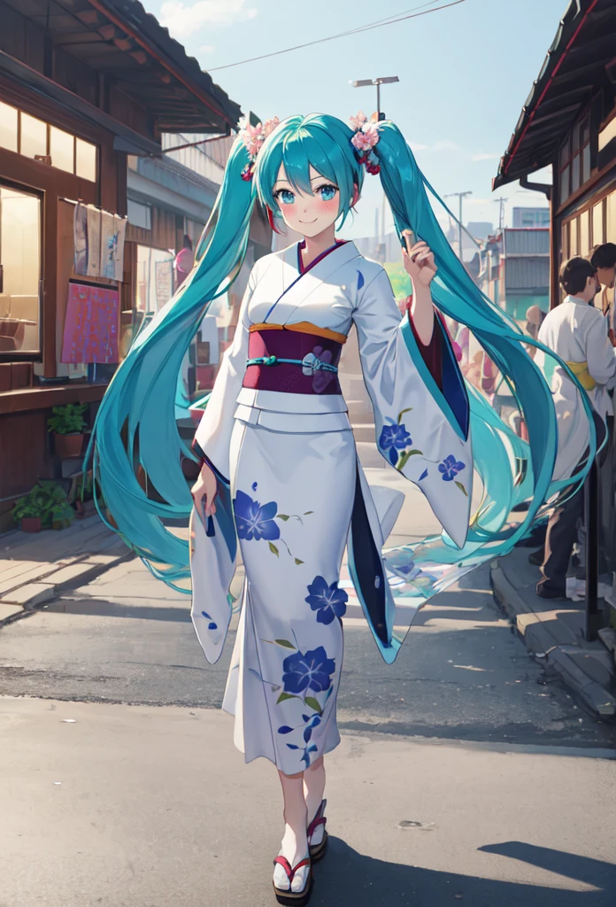 best quality, masterpiece, high resolution, solitary, (Hatsune_future_Blue File:1.10), 1 girl, Wide sleeves, Long sleeve, Looking at the audience, Heart, blush, flowering, Smile, Holding an umbrella, Oil-paper umbrella, outdoor, Floral, White Kimono, Residence, Printed Kimono, 14 ，Dance，full-body shot