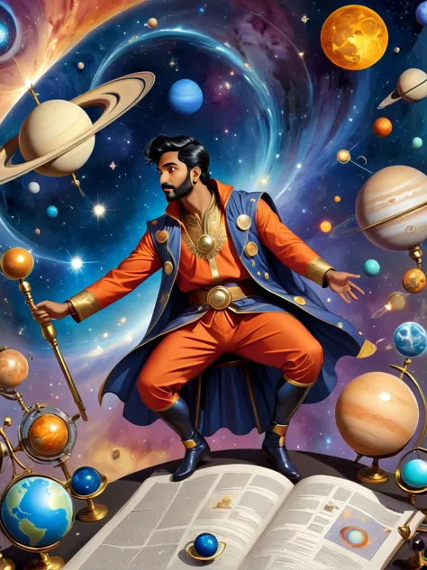 Depiction of transit events in astrology presented in a comic style. The scene includes a South Asian male astrologer with a tel...