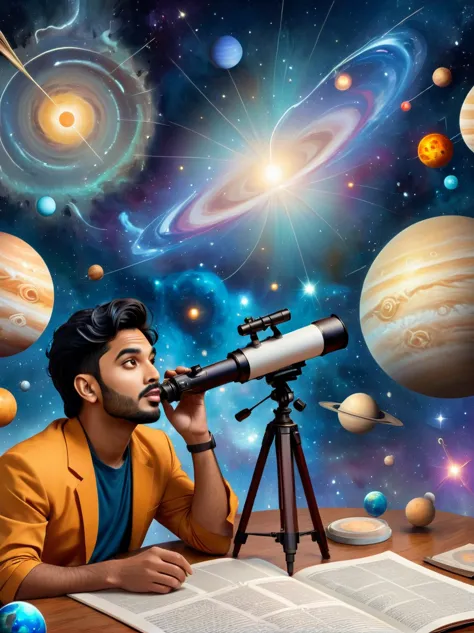 Depiction of transit events in astrology presented in a comic style. The scene includes a South Asian male astrologer with a tel...