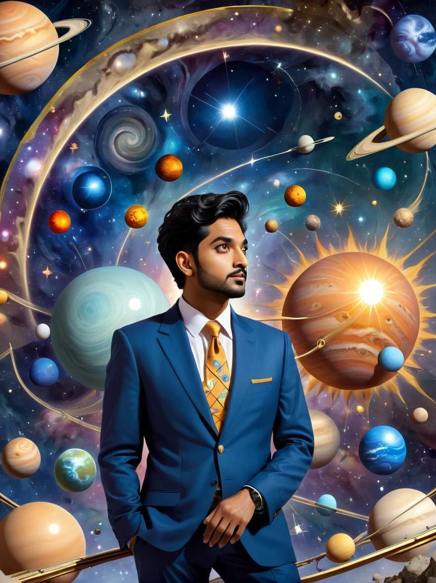 Depiction of transit events in astrology presented in a comic style. The scene includes a South Asian male astrologer with a telescope gazing at celestial bodies. A chart filled with astrological symbols stands beside him. The scene also includes Caucasian female figures representing planets like Mars, Venus, and Jupiter. Each is portrayed with distinct characteristics relating to their astrological representation, in a humorous and exaggerated comic book fashion.