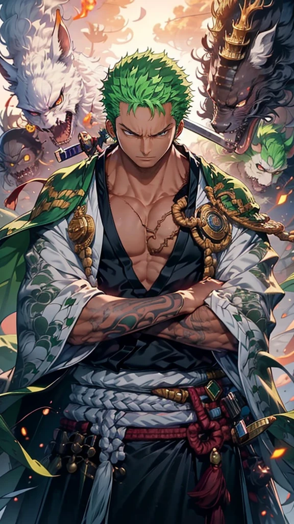 Zoro, sozinho, Olhando para o visualizador, sorrido, cabelo curto, Olhos vermelhos, 1st grade, contenção, jóias, tronco, mísseis, foco masculino, aretes, Roupas japonesas, cabelo verde, chifres, Elsword, quimono, segurando mísseis, de lado, tatuagem, Em chamas, cicatriz, segurando Elsword, Katana, cicatriz no rosto, cicatriz no olho, Físico muscular detalhado, representação fotorrealista, Resolução 4k. História de fundo: Dojo de artes marciais,Ultra HD 32K, melhor qualidader, parte mestre, super detalhado, detalhes altos, ((Homem forte)).