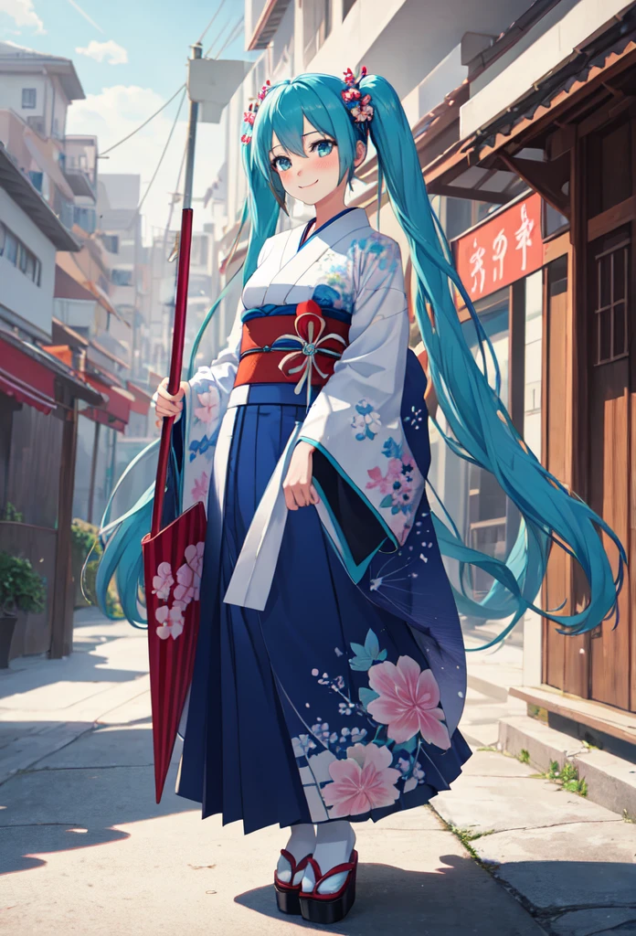 best quality, masterpiece, high resolution, solitary, (Hatsune_future_Blue File:1.10), 1 girl, Wide sleeves, Long sleeve, Looking at the audience, Heart, blush, flowering, Smile, Holding an umbrella, Oil-paper umbrella, outdoor, Floral, White Kimono, Residence, Printed Kimono, 14 ，Dance，full-body shot