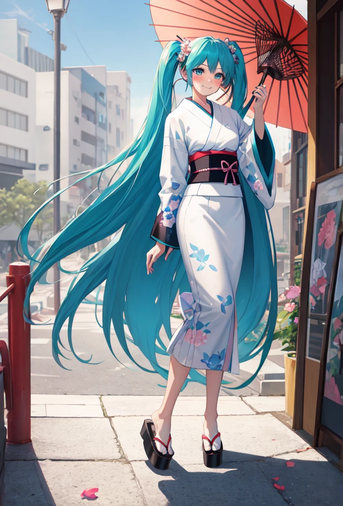 best quality, masterpiece, high resolution, solitary, (Hatsune_future_Blue File:1.10), 1 girl, Wide sleeves, Long sleeve, Looking at the audience, Heart, blush, flowering, Smile, Holding an umbrella, Oil-paper umbrella, outdoor, Floral, White Kimono, Residence, Printed Kimono, 14 ，Dance，full-body shot