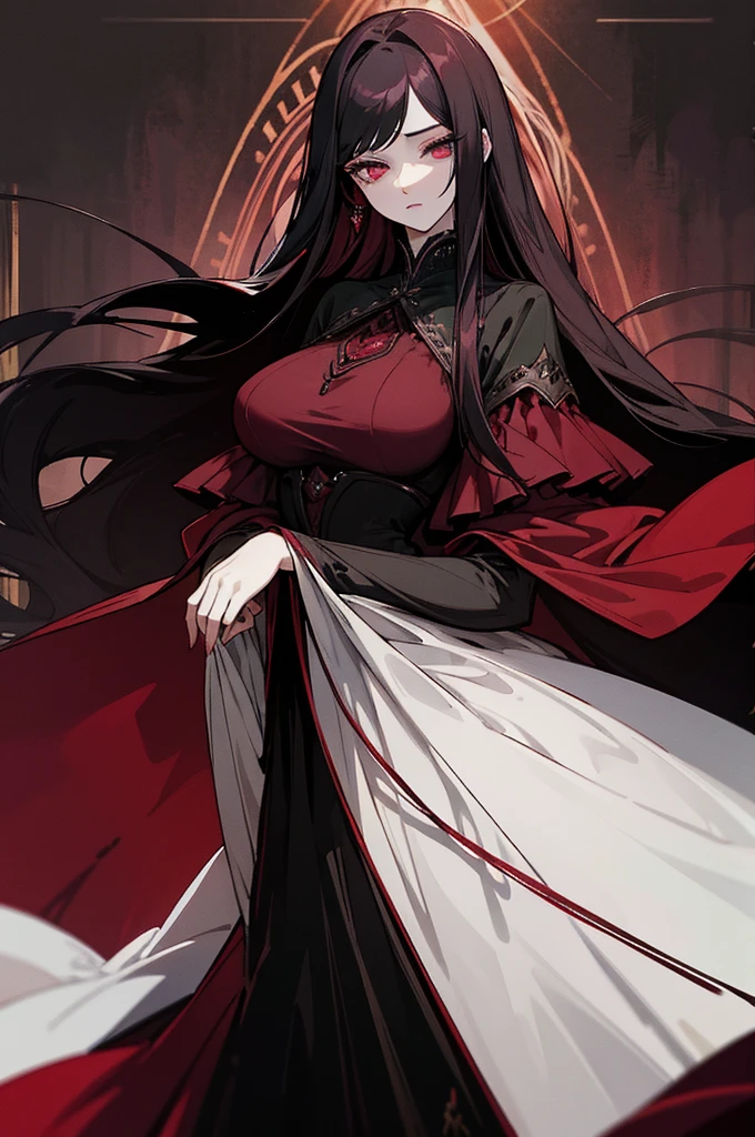 Beautiful adult girl, long straight burgundy hair, narrow green eyes, Long eyelashes, rich red and black palace dress, revealing clothes, big breasts, open bodice, deep neckline, Rich decorations, Dark background, pale picture, a lot of details, atmosphere of villainy, shine, uncertainty, disturbance