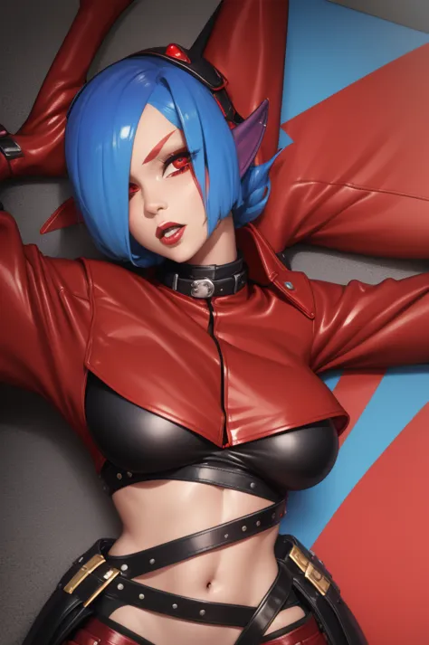 (1 Twi’lek girl) Red skin, Black leather jacket with red and blue patches, Jacket open, Black crop top, under boob, large breast...