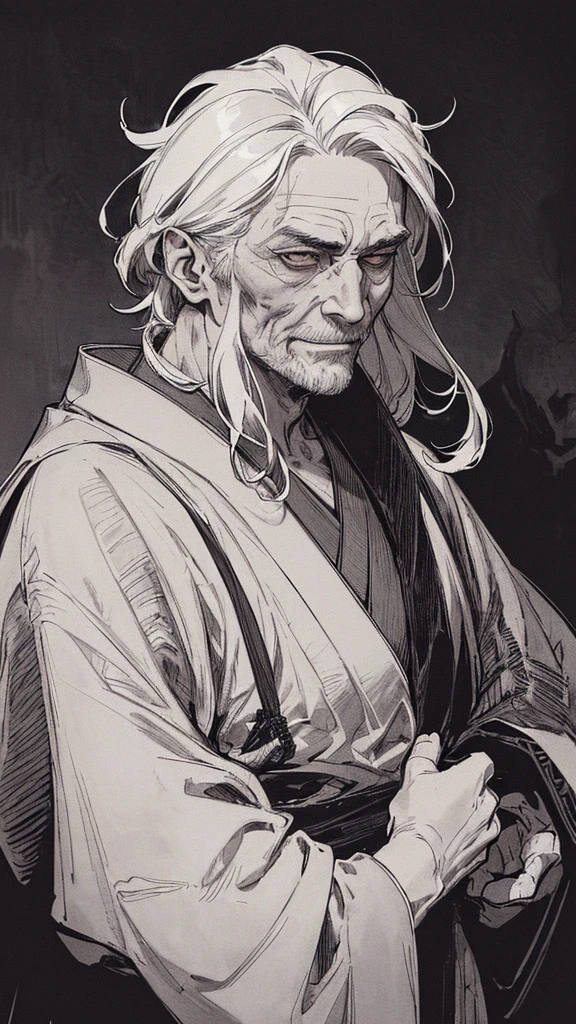 Best quality, (background_detail), high_contrast, detail_original_illustration, warrior, muscular, villain_face, kimono, full_body, holding_a_Japanese_sword, medieval, deep_wrinkles_on_eyebrows, middle_aged_man, dark_stitch_landscape, (dramatic_lighting:1. 25), (shaded_background:1.2), (gray_back hair:1. 2 ), Large figure, Delicate face, Evil smile, Sharp eyes, Black background, (Black background:1. 5) Beautiful line drawing, Black and white