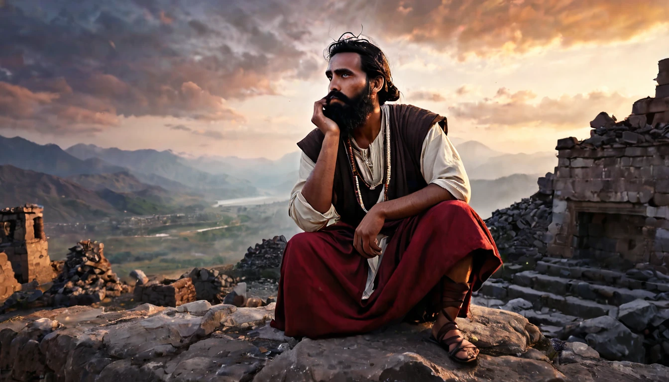 homme, avec une barbe noire, vêtu des tuniques d'un groupe ethnique ancien de Jérusalem, assis parmi les ruines, tenant tristement son visage, il a tout perdu. ciel du lever du soleil, montagnes au loin, ambiance éthérée, Éclairage cinématographique, photoRéaliste, (Meilleure qualité, 8k, haute résolution, chef-d&#39;œuvre: 1.2), ultra détaillé, Réaliste, photoRéaliste: 1.37, Un éclairage spectaculaire, lunatique, fantaisie, art conceptuel