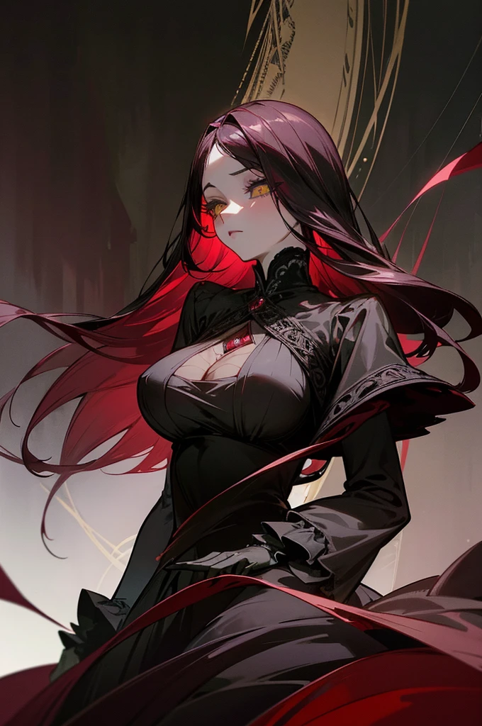 Beautiful adult girl, long straight burgundy hair, narrow green eyes, Long eyelashes, rich red and black palace dress, revealing clothes, big breasts, open bodice, deep neckline, Rich decorations, Dark background, pale picture, a lot of details, atmosphere of villainy, shine, uncertainty, disturbance