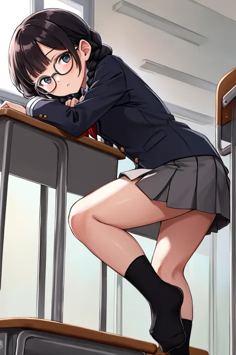 1girl,classroom,glasses,braid,uniform,miniskirt,socks,