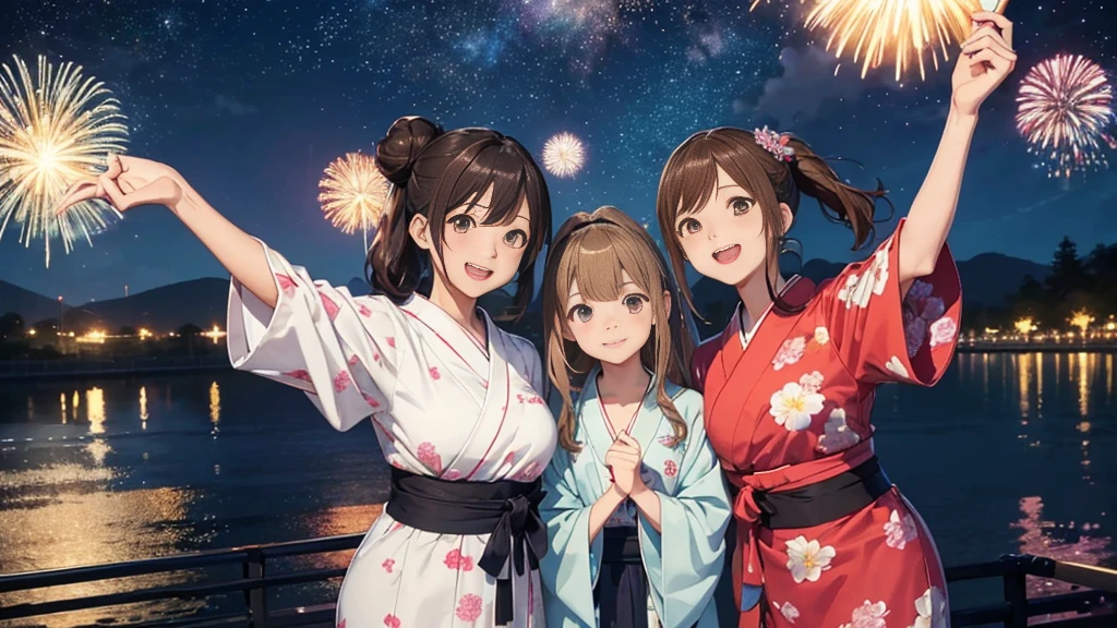 (Very detailed,High resolution,masterpiece:1.2）Japanese、Night view, Starry Sky、milky way、Light brown hair. Big fireworks、yukata、I have a fan in my hand(Highest quality:1.2), 20～40-year-old woman、Small breasts、Very detailedな, High resolution, masterpiece:1,2, Vivid and colorful,, Professional Lighting, Physically Based Rendering, Flat Color:0.8, Detailed illustrations, realism:1.37, Makoto Shinkai style, Your name style, Light brown hair, Elegant update,ponytail, Bun Hair。, Laugh together,  Selfie, Full body older sister、。I love you 、、The whole body is visible、Anime Drawings、figure。The whole body is visible、A group of several people