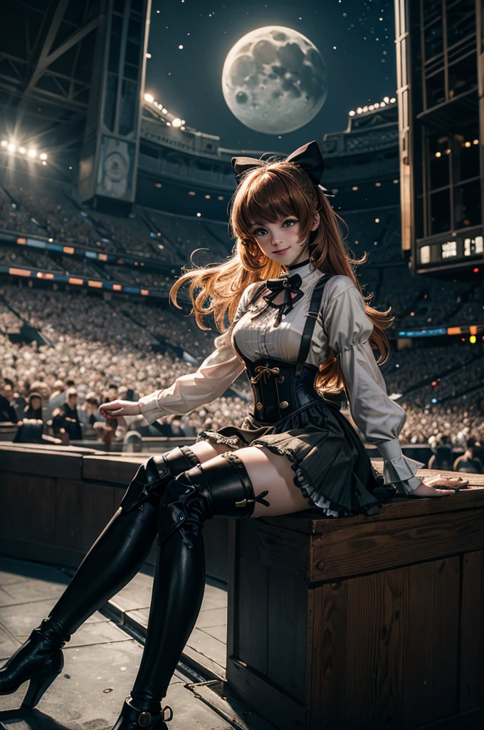 cowboy shot, (dynamic pose), smile,  underbust, Penny Polendina, long hair, neck ribbon, suspender skirt, corset, black bow, white blouse, mechanical legs, neon trim, sitting, in sport stadium, spectators, crowd, BREAK night, stars, moon, snow, BREAK  (volumetric lighting), intricate details, tonemapping, sharp focus, hyper detailed

