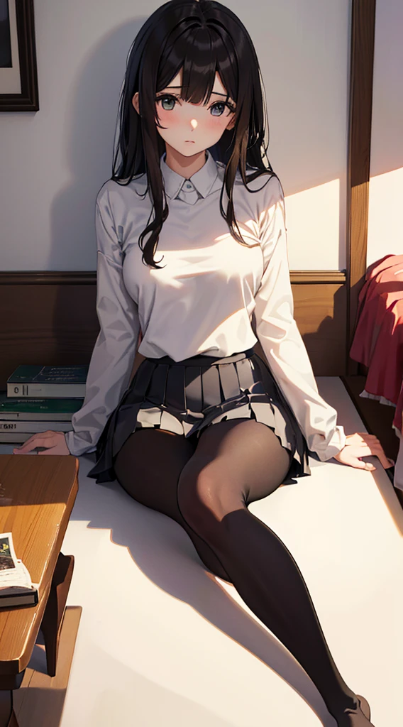 Top quality, masterpiece, High resolution, (Head to toe full body), front, frontやや下からの構図, Symmetric, Tall 18 year old girl, alone, (Head to toe), (Small breasts), Unkempt brown hair, bangs, (black tights), (Black Pantyhose), (Sit with your legs apart), (Crouching pose), (A composition showing white panties), (Her legs were spread、I see your white pants.), (I was made to sit on the floor with my legs spread..), (M-shaped legs), Thin legs, A very beautiful and tall 18 year old girl, (No shoes), blush, Shy big eyes, looking at the camera, Blazer Uniform, Checkered Pleated Skirt