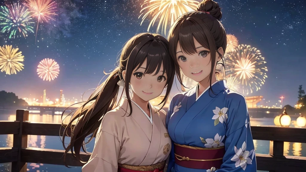 (Very detailed,High resolution,masterpiece:1.2）Japanese、Night view, Starry Sky、milky way、Light brown hair. Big fireworks、yukata、(Highest quality:1.2), 20～40-year-old woman、Small breasts、Very detailedな, High resolution, masterpiece:1,2, Vivid and colorful,, Professional Lighting, Physically Based Rendering, Flat Color:0.8, Detailed illustrations, realism:1.37, Makoto Shinkai style, Your name style, Light brown hair, Elegant update,ponytail, Bun Hair。, Laugh together,  Selfie, Full body older sister、。I love you 、、The whole body is visible、Anime Drawings、。The whole body is visible、A group of several people