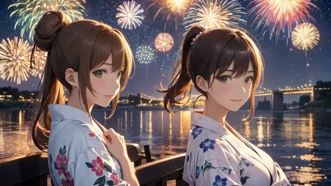 (very detailed,high resolution,masterpiece:1.2）japanese、night view, starry sky、milky way、light brown hair. big fireworks、yukata、...