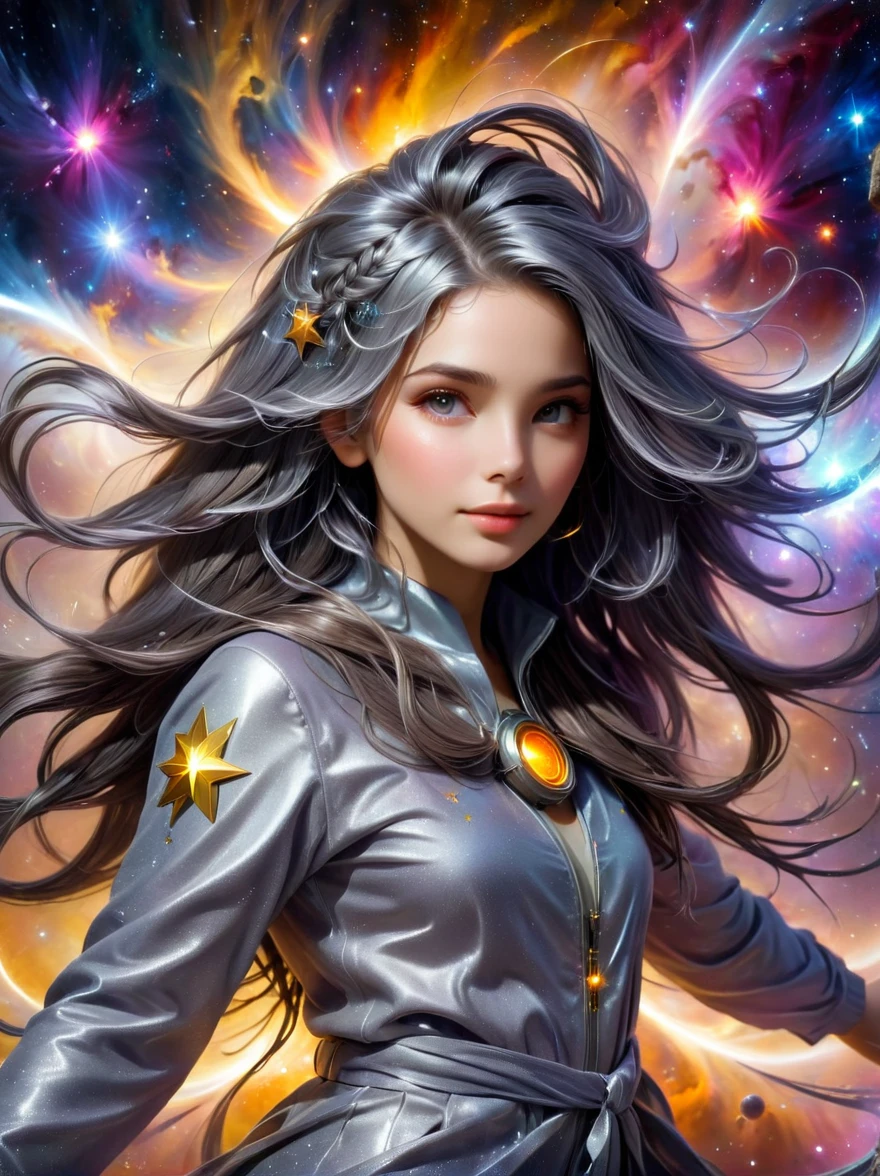 (masterpiece, best_quality, ultra-detailed, immaculate:1.3), epic, illustration, welcoming, 1girl, Astrologer, dark silver hair, Micro Braids, casting spell, in a  nebula, in a messy nuclear fusion plant, bombshell hair, bright brown hair, medium hair, star hands