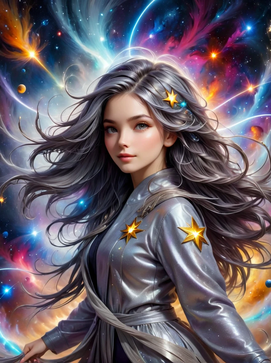 (masterpiece, best_quality, ultra-detailed, immaculate:1.3), epic, illustration, welcoming, 1girl, Astrologer, dark silver hair, Micro Braids, casting spell, in a  nebula, in a messy nuclear fusion plant, bombshell hair, bright brown hair, medium hair, star hands