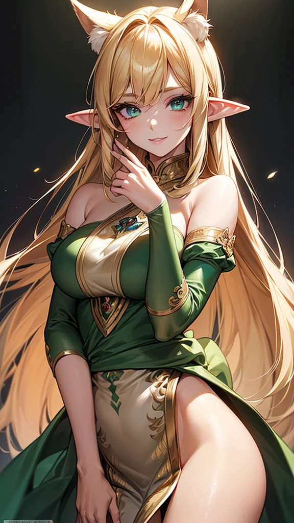 (Masterpiece: 1.2), (best quality: 1.2) 1 woman, Elf Woman, matures, high (1.85), Appears to be about 28 years old., she had long golden hair (gold), Straight and shiny hair with Korean bangs., Eyes as green as the most beautiful emeralds, Ultra-realistic eyes, ดวงตาที่มีรายละเอียดhigh, Eyes in proportion to your face, very detailed eyes, perfect eyes, Extremely realistic eyes, Eyes lined together, Long eyelashes, anime style , The ears are slightly pointed., Ears are in proportion to your face., Extra detailed ears, perfect ears, perfect face, A face that looks about 28 years old, full lips, smile, matures, white skin, Natural body, sexy body, MILF body, perfect hand, detailed hands, The hands are in good proportion to the body., realistic hand, The arm has good anatomy., She wore only a flawless emerald green dress that still couldn&#39;t hide her large breasts that were sagging due to her size., thick thighs, wide hips, looking at the audience, Background settings, It is in an elf forest with a wooden house in the background., posing alone looking at the audience