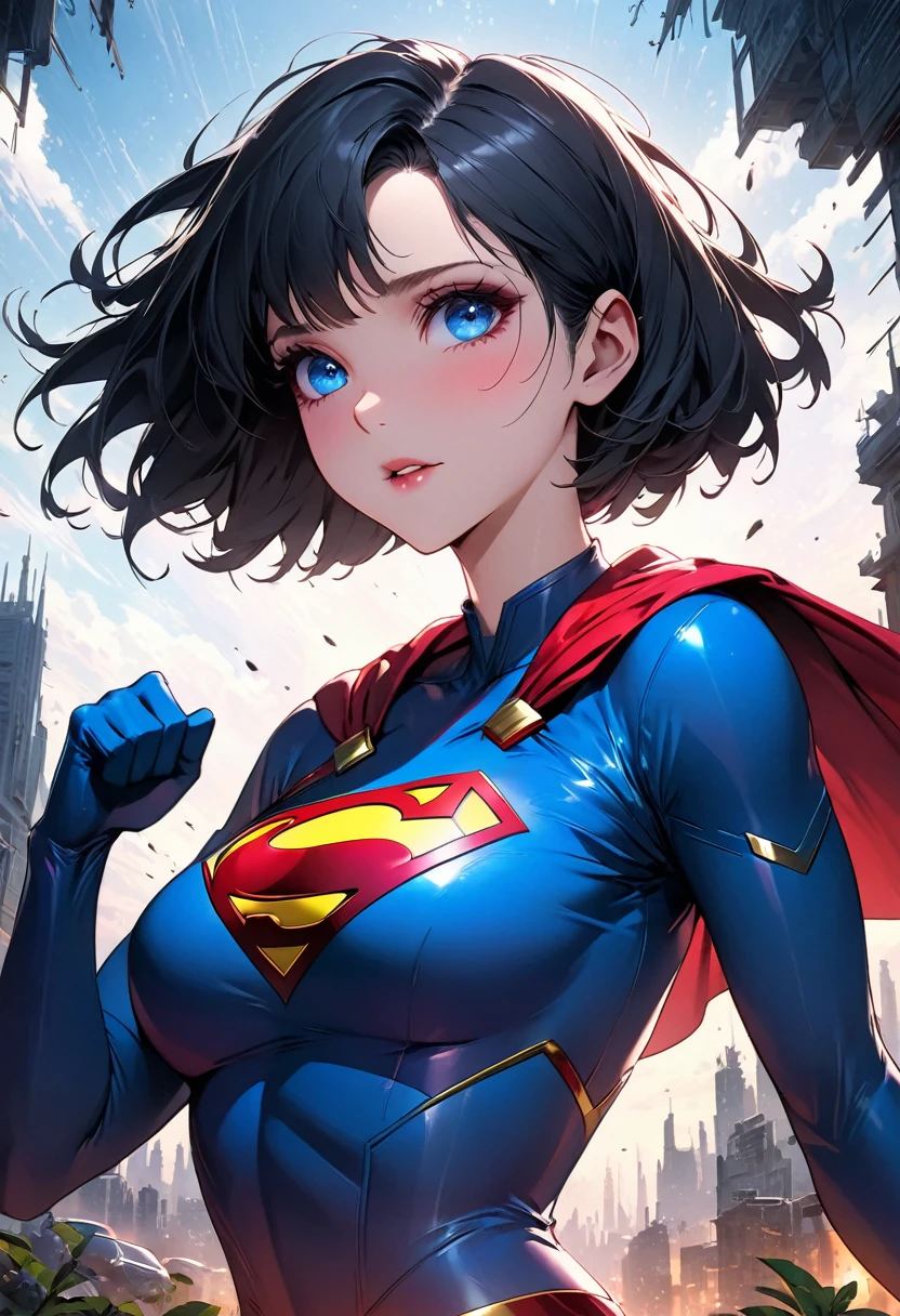 ((upscale comic artwork image)),((high resolution 4k drawing illustration supergirl digital art)),comic design character,dark art,raw graphics,body,((flying pose)),sweet affection,high definition graphics,black hair,blue eyes,hyper detailed face,sky background,lush details,minute details,detailed background,(( composition)) octane render