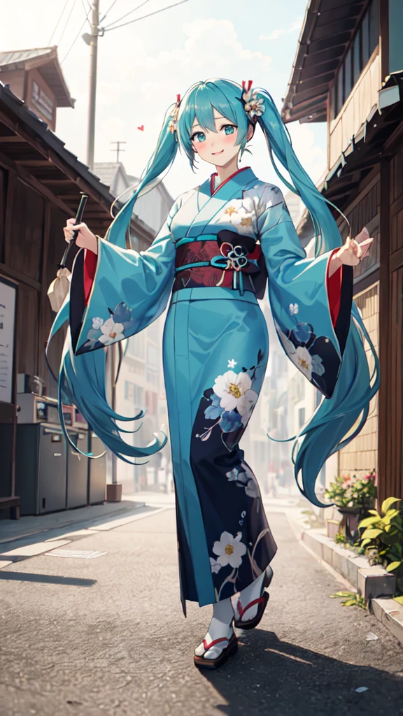 best quality, masterpiece, high resolution, solitary, (Hatsune_future_Blue File:1.10), 1 girl, Wide sleeves, Long sleeve, Looking at the audience, Heart, blush, flowering, Smile, Holding an umbrella, Oil-paper umbrella, outdoor, Floral, White Kimono, Residence, Printed Kimono, 14 ，Dance，full-body shot