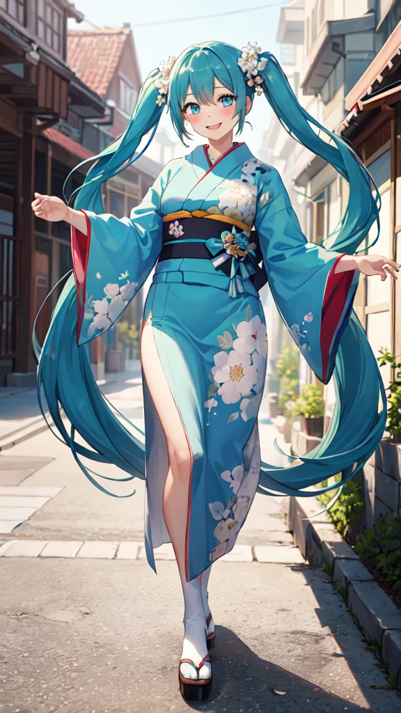 best quality, masterpiece, high resolution, solitary, (Hatsune_future_Blue File:1.10), 1 girl, Wide sleeves, Long sleeve, Looking at the audience, Heart, blush, flowering, Smile, outdoor, Floral, White Kimono, Residence, Printed Kimono, 14 ，Dance，full-body shot