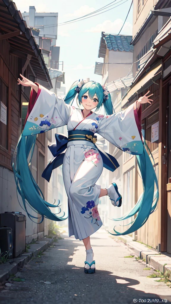 best quality, masterpiece, high resolution, solitary, (Hatsune_future_Blue File:1.10), 1 girl, Wide sleeves, Long sleeve, Looking at the audience, Heart, blush, flowering, Smile, outdoor, Floral, White Kimono, Residence, Printed Kimono, 14 ，Dance，full-body shot