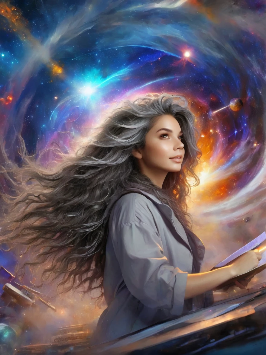 (masterpiece, best_quality, ultra-detailed, immaculate:1.3), epic, illustration, welcoming, 1girl, (Astrologer:1.5), dark silver hair, Micro Braids, casting spell, in a  nebula, in a messy nuclear fusion plant, bombshell hair, bright brown hair, medium hair, star hands