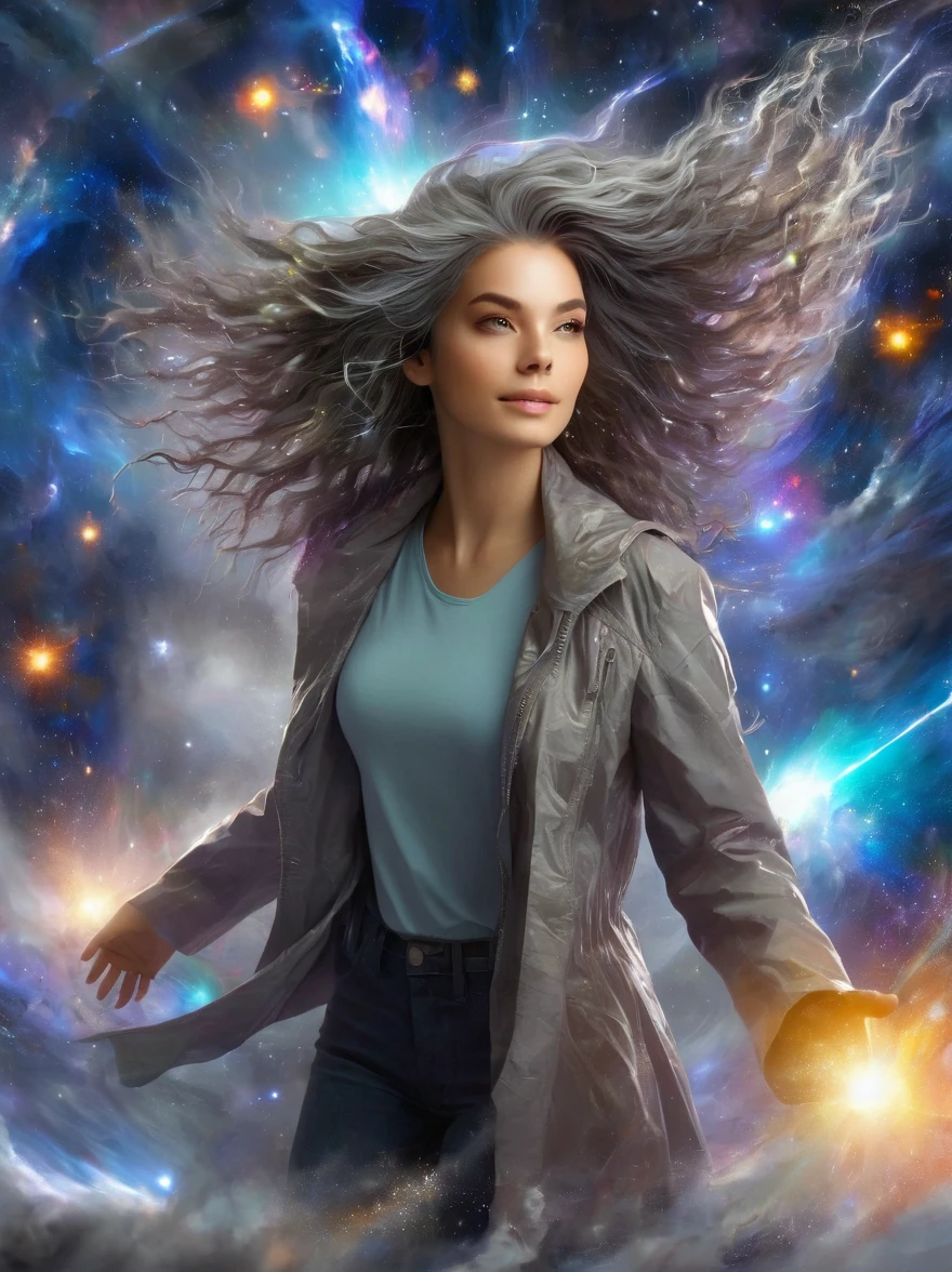 (masterpiece, best_quality, ultra-detailed, immaculate:1.3), epic, illustration, welcoming, 1girl, (Astrologer:1.5), dark silver hair, Micro Braids, casting spell, in a  nebula, in a messy nuclear fusion plant, bombshell hair, bright brown hair, medium hair, star hands