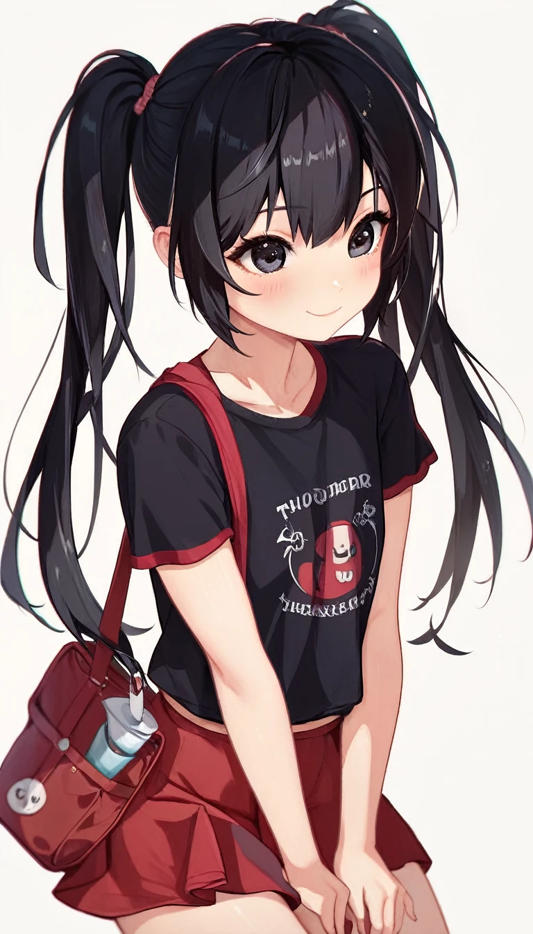 16K,1girl,12 years old,very cute,black hair,twintail,thin twintail,black eyes,r-shirt,Short sleeve,Red Skirt,Red School Bag,flat chest,white background,blush,light smile